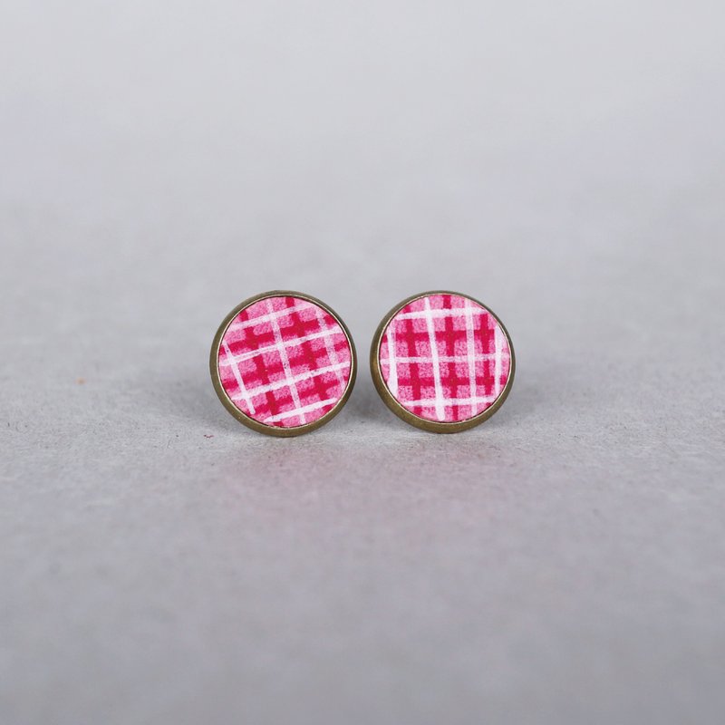 12:12 PM 穿着格子裙窃窃私语/格纹红 - 皮革黄铜耳环 / 耳针耳夹 - 耳环/耳夹 - 真皮 粉红色