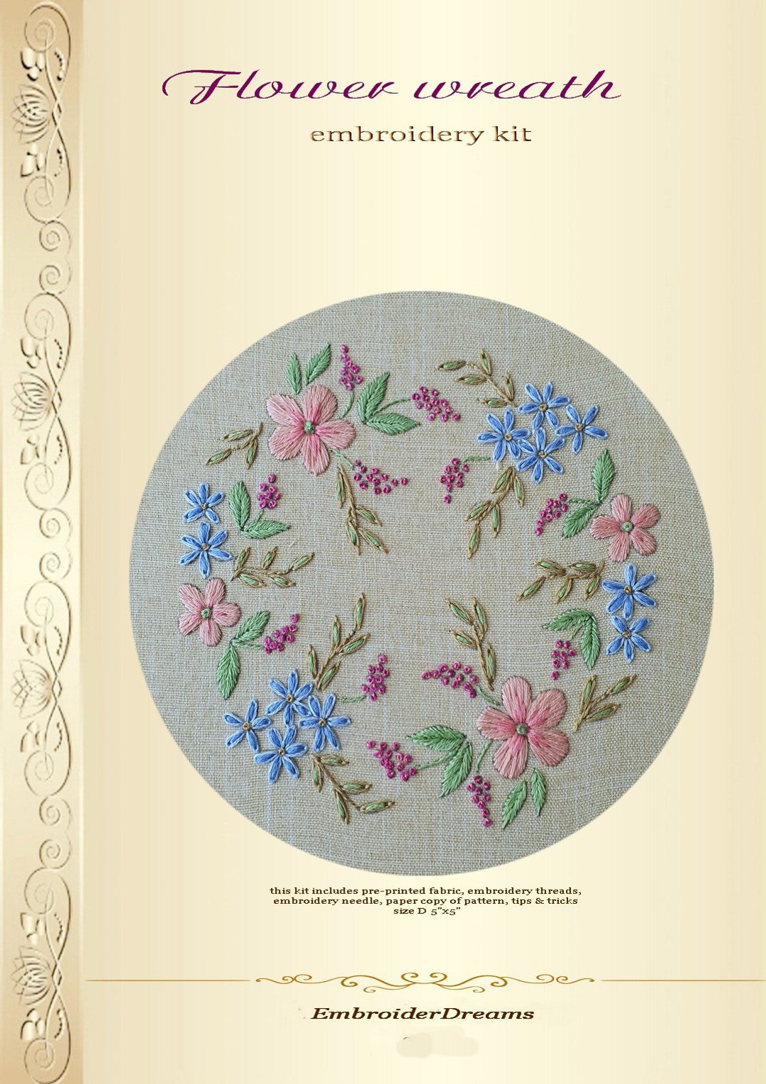 手工刺繡套件 Flower wreath hand embroidery kit. - 编织/刺绣/羊毛毡/裁缝 - 绣线 多色