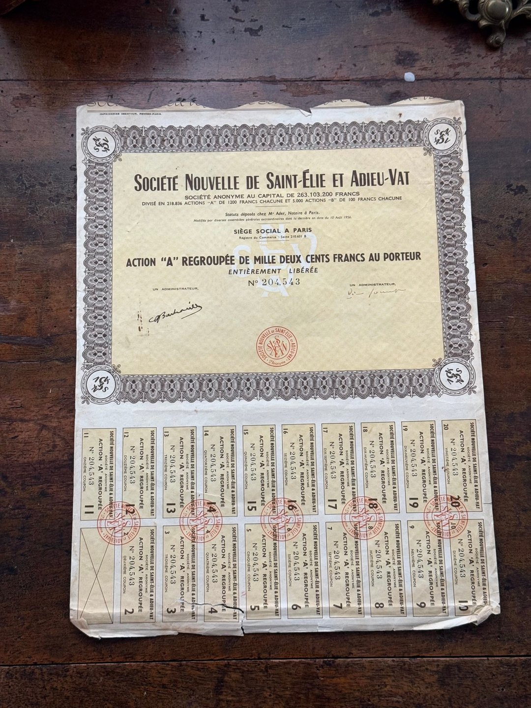 40258-珍稀法国古文件1956上市公司股票、优惠卷证明 - 刊物/书籍 - 纸 