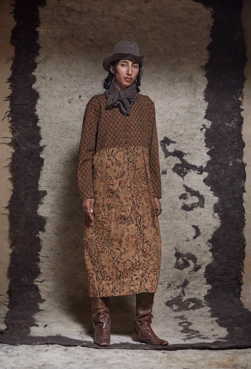 复古文青 丝棉印花连身裙 拼接袍子 - 洋装/连衣裙 - 其他材质 多色