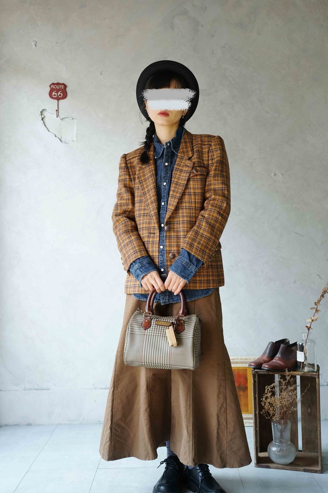 寻宝古着-Leilian 砖橘色复古格纹修身西装外套 - 女装西装外套/风衣 - 羊毛 咖啡色