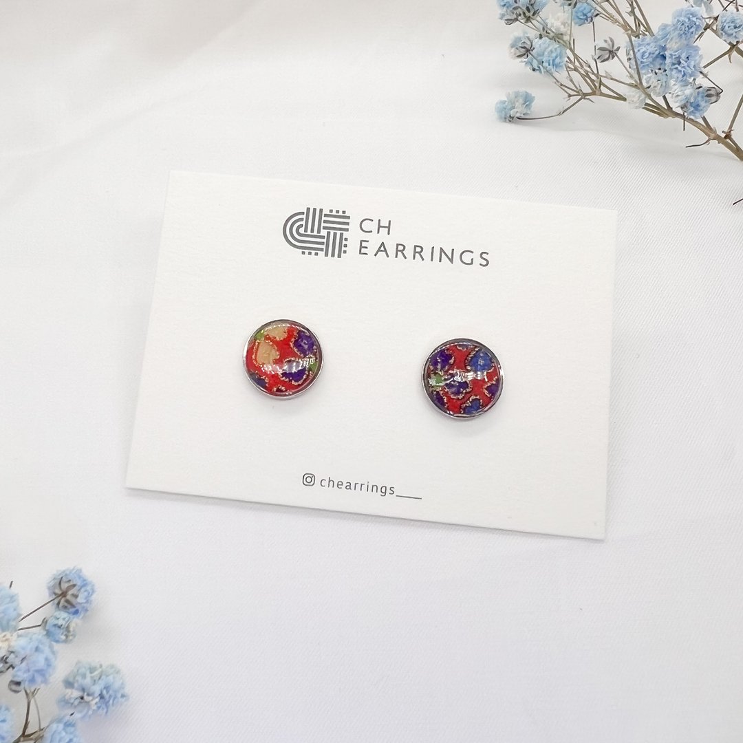 Chearrings | 日本和纸 树脂 圆形耳钉 - 耳环/耳夹 - 纸 红色