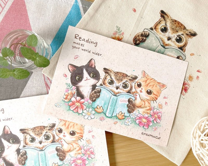 爱阅读 猫头鹰 猫猫 明信片 - 卡片/明信片 - 纸 多色