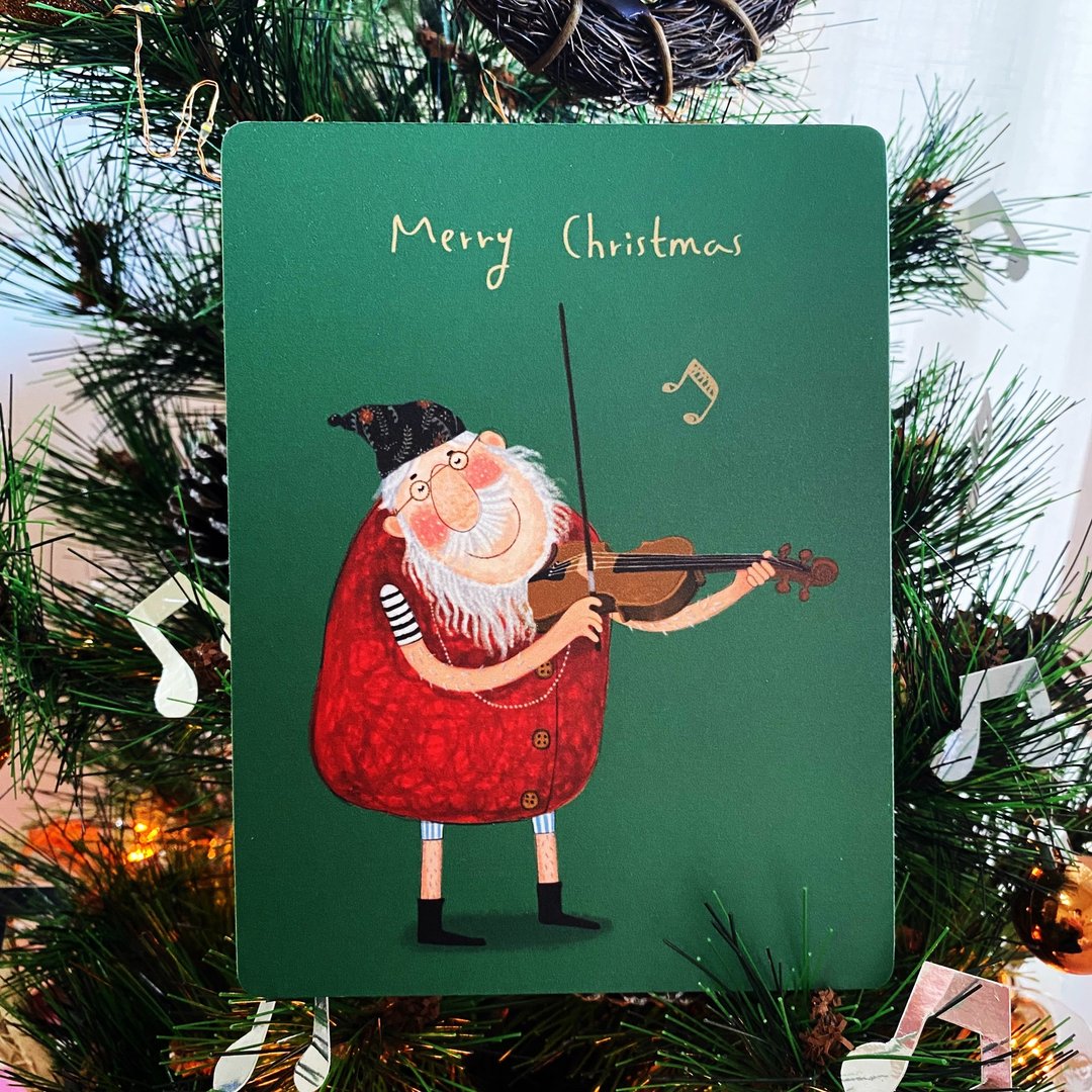 贺卡- Merry Christmas 老爷爷爱小提琴版 - 卡片/明信片 - 纸 绿色