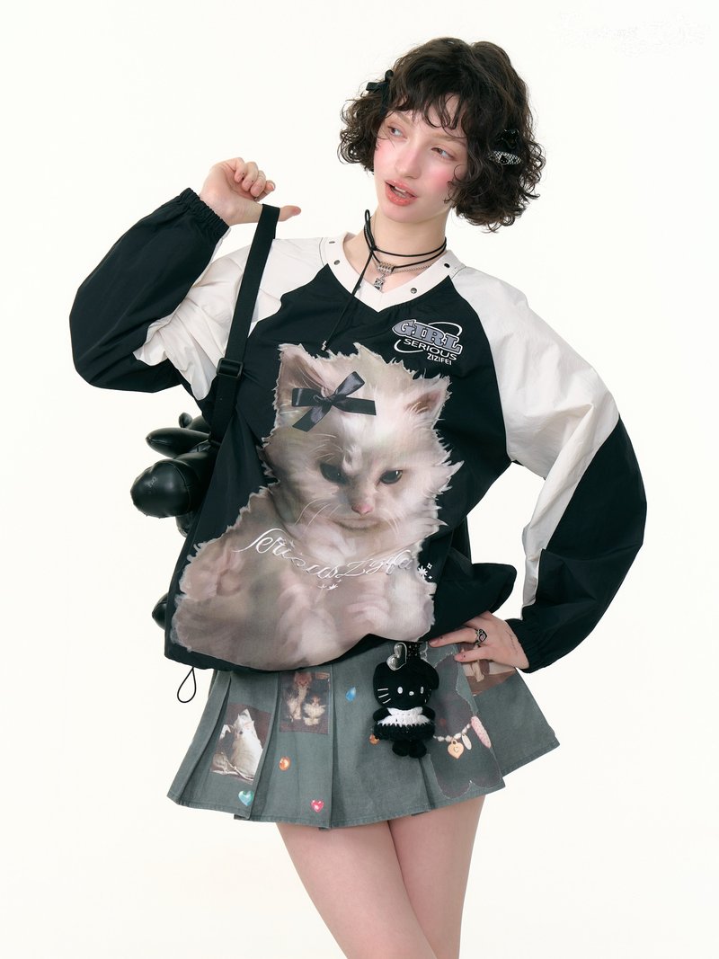 ziziFei秋冬美式设计感猫咪印花blokette运动风黑白撞色v领卫衣女 - 女装上衣 - 其他材质 黑色