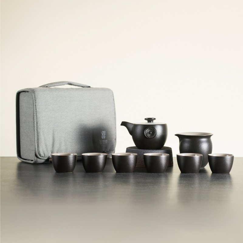 【茶具礼盒】陆宝 定窑龙纹 1壶1海6杯+携行布包 旅行茶具 茶器 - 茶具/茶杯 - 陶 黑色