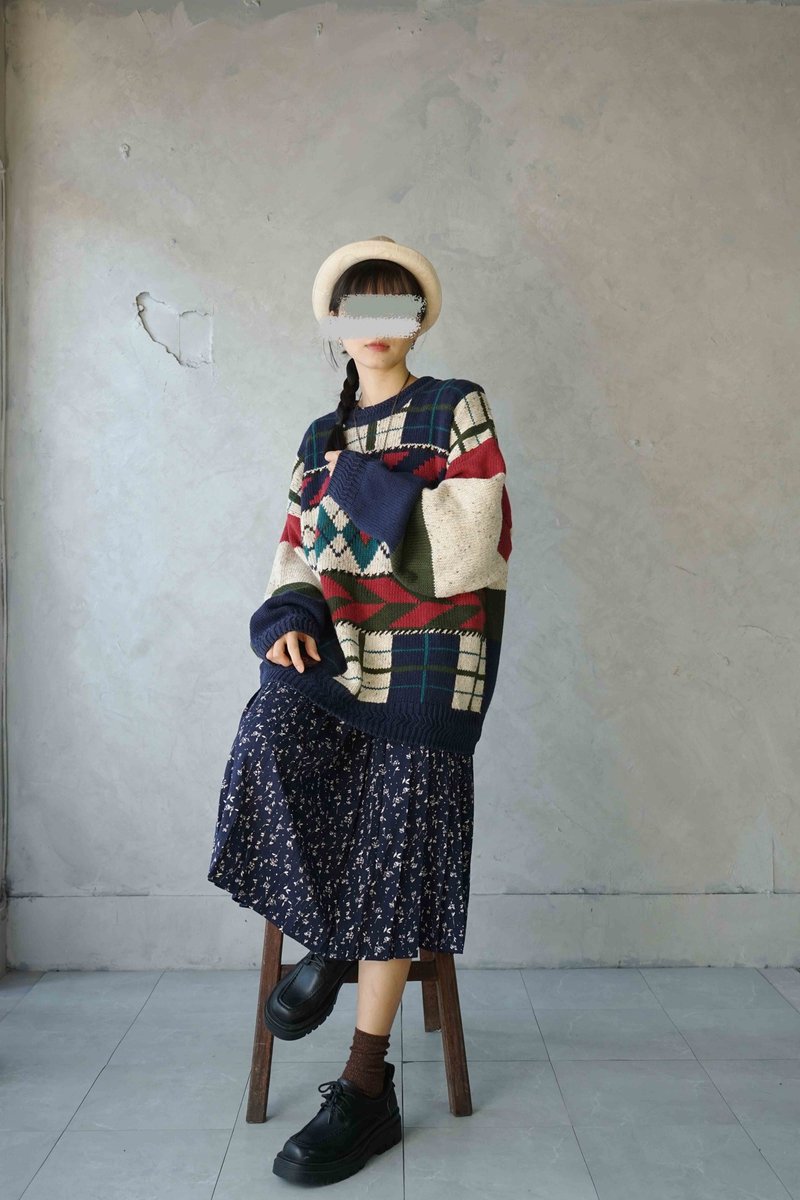 寻宝古着-几何菱格纹缇花宽松中性毛衣 - 女装针织衫/毛衣 - 聚酯纤维 多色