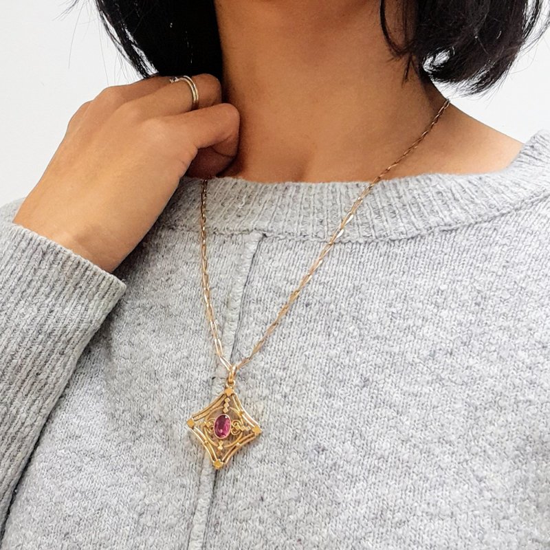 爱德华时代1900s 粉紫红玻璃宝石 包金百年古董花窗项链 - 项链 - 其他金属 金色