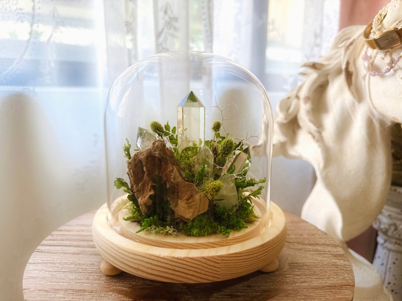 永恒小金山 玻璃罩。黄水晶柱 永生叶材绿植栽 - 植栽/盆栽 - 水晶 黄色