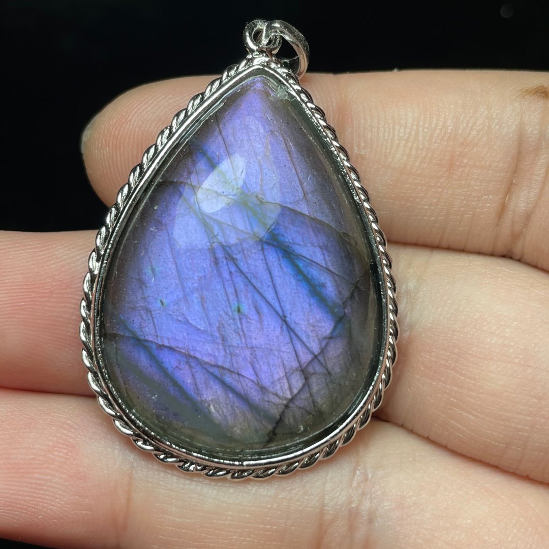 紫色拉长石Labradorite 纯银麻花厚银包镶 台湾手工制作 SB28 - 项链 - 宝石 紫色