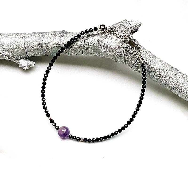 <五行--土系能量石-梦幻紫水晶>梦幻紫水晶x黑尖晶 925纯银手链 - 手链/手环 - 纯银 紫色