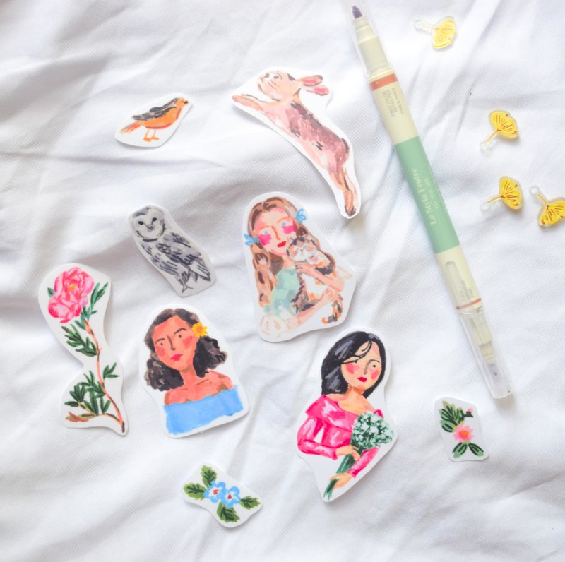 女孩贴纸 防水 防刮 防晒 买三送一 兔子 小鸟 猫头鹰 花 植物 动物防水贴纸 森林 花手帐贴纸 行李箱贴纸 日记 旅行 文具 装饰 插画 少女 手绘 水彩 - 贴纸 - 纸 粉红色