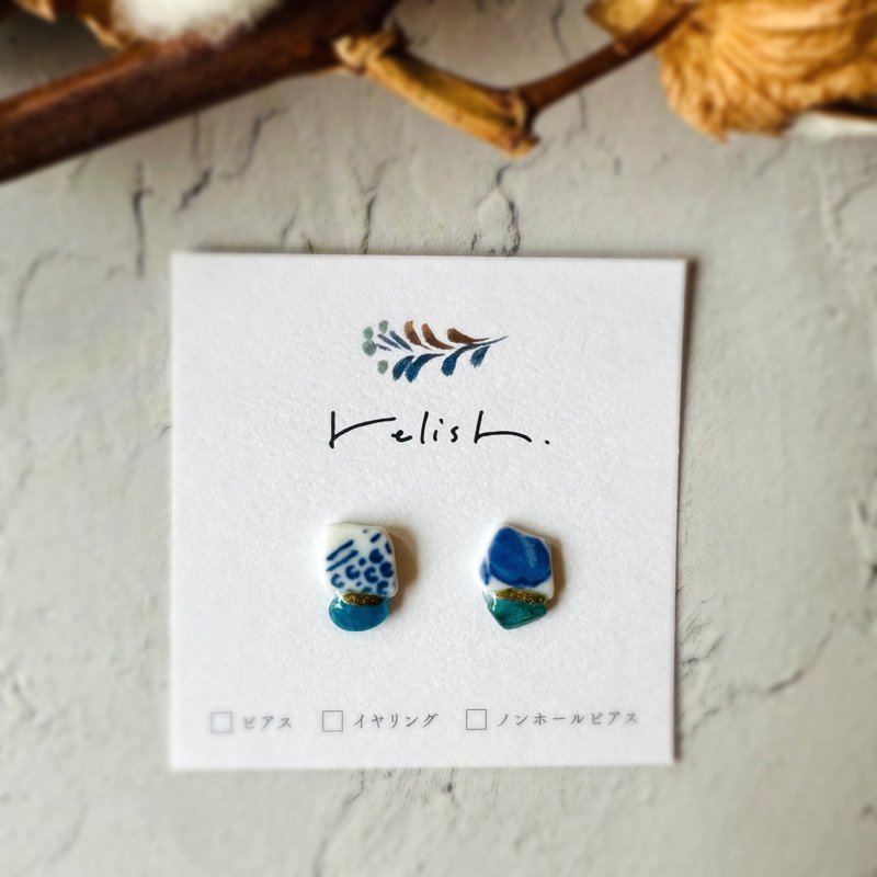 【再贩】一期一会 海陶 蓝锥矿 金继 耳环 耳夹式耳环 无耳洞耳环 天然石 蓝色 浅蓝 白色 金色 小巧 简约 - 耳环/耳夹 - 陶 蓝色