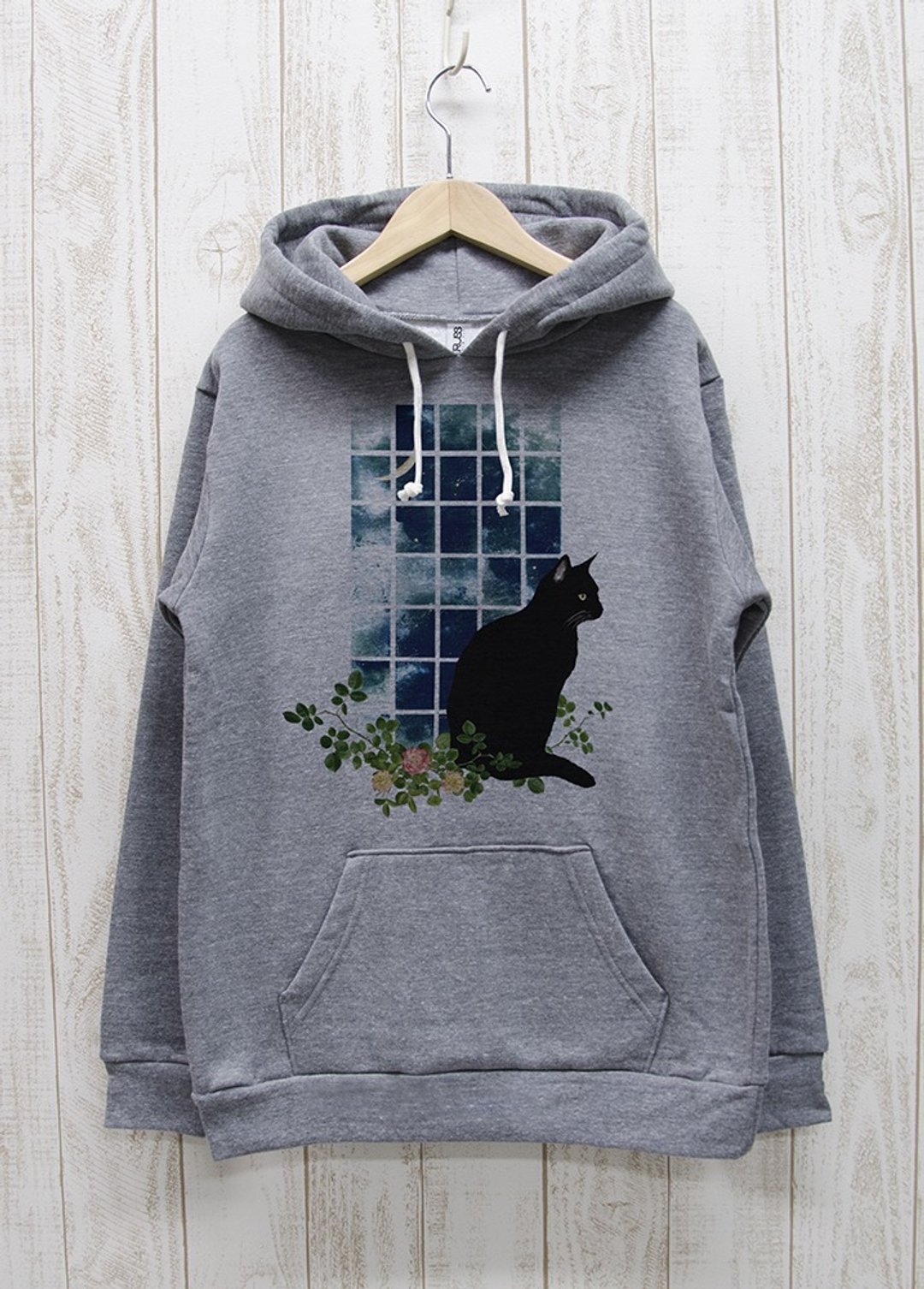 伫立的黑猫 连帽套头衫 窗边MOON 炭灰色 / R031-P-GR - 中性连帽卫衣/T 恤 - 棉．麻 灰色