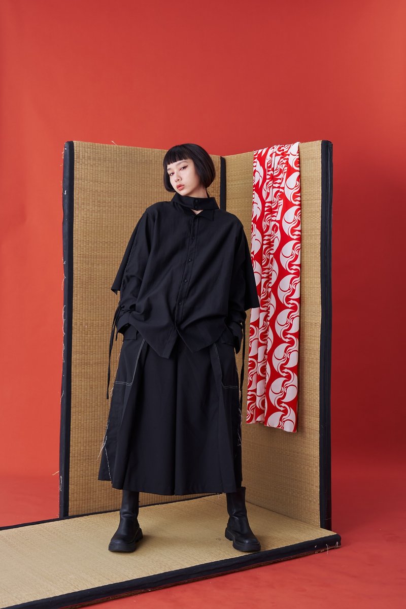 长袖衬衫/披风/抽绳衬衫/24AW-INF - 女装衬衫 - 棉．麻 黑色