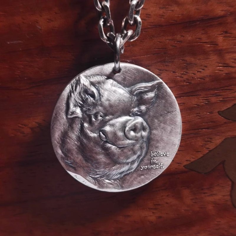 十二生肖 纯银项链 纪念币 吊坠 雕刻 开运 个性 礼物 猪 挂件 - 项链 - 纯银 