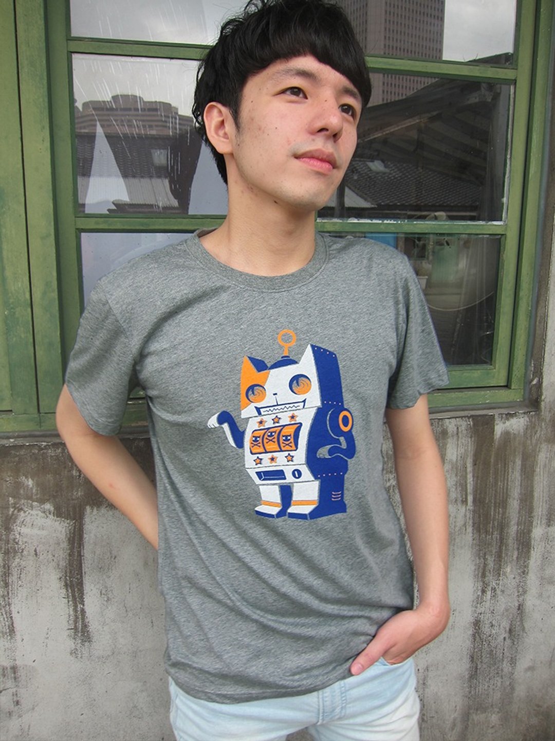 绝版出清-拉吧猫－中性纯棉T-Shirt - 中性连帽卫衣/T 恤 - 棉 灰色