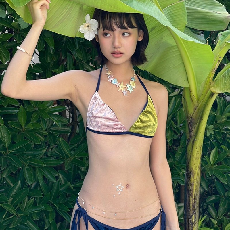 三色撞色 丝绒抽褶比基尼 - 女装泳衣/比基尼 - 其他材质 多色