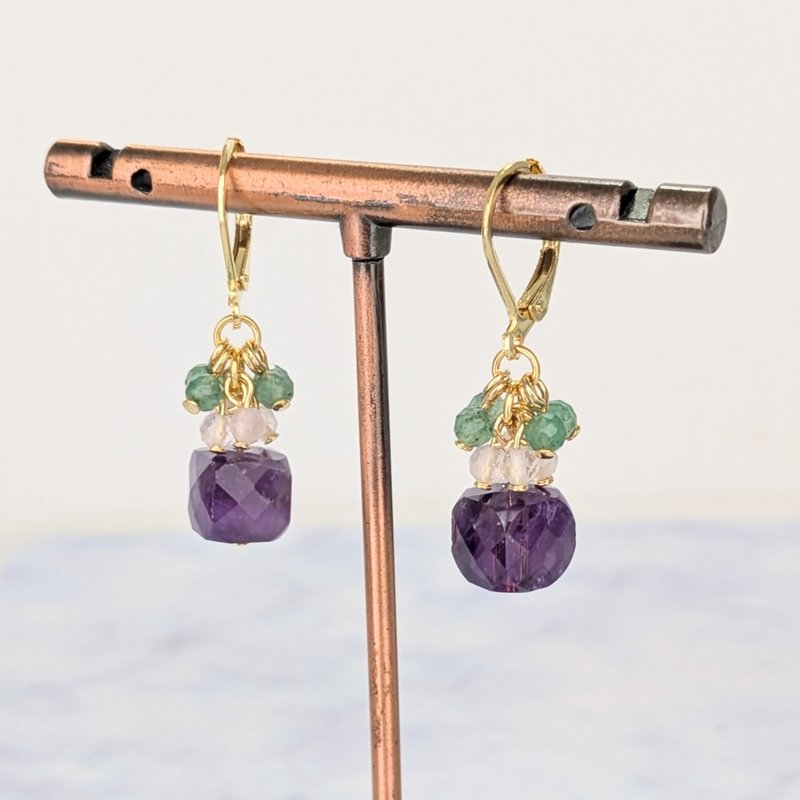 天然宝石耳环 玫瑰石英 紫水晶 东菱玉 - 耳环/耳夹 - 宝石 紫色