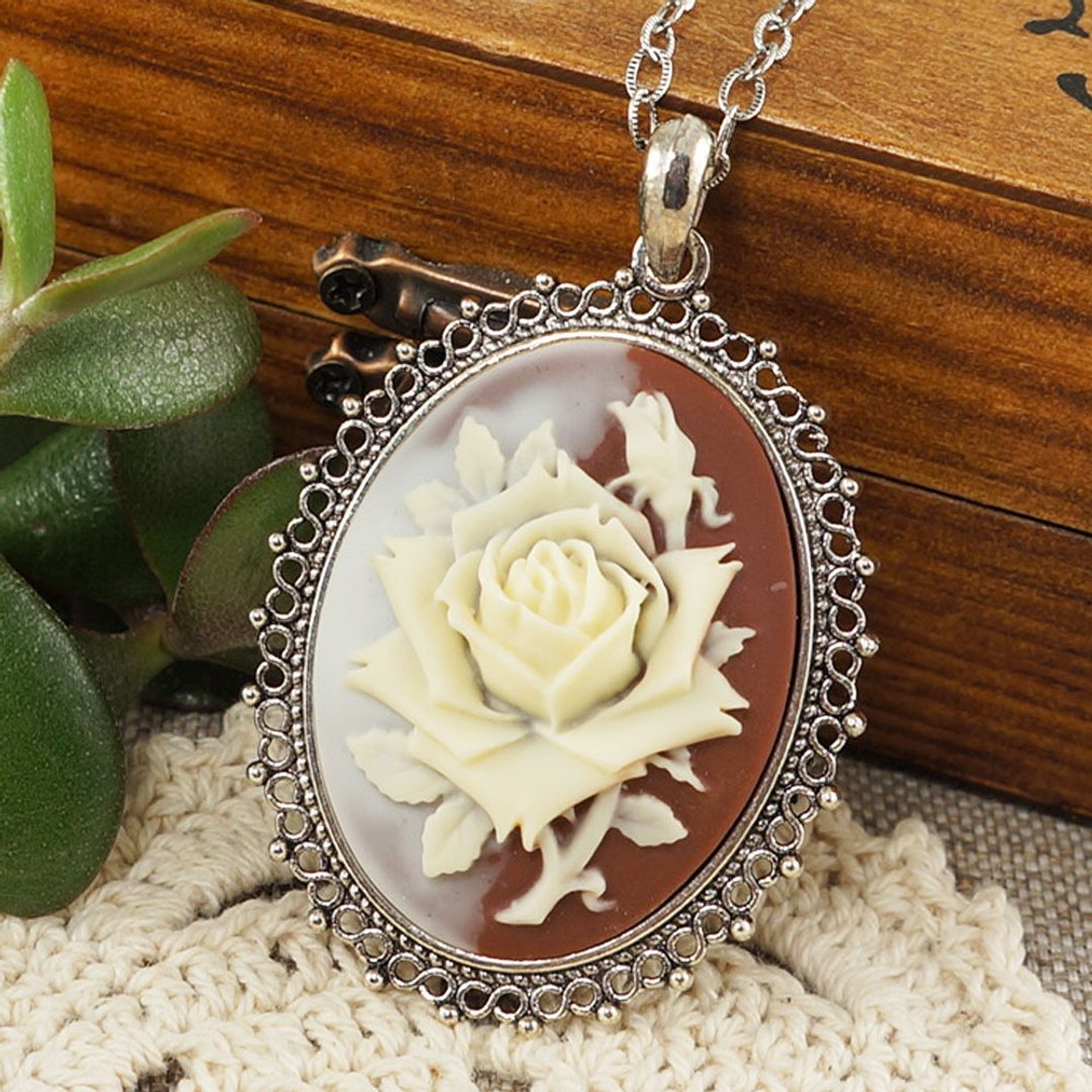 White Rose Flower Cameo Necklace Vintage Brown Cameo Pendant Necklace Jewelry - 项链 - 其他材质 白色