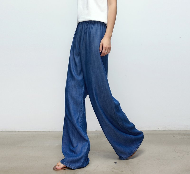 【天丝牛仔】法式簡約/垂感醋酸/直筒阔腿裤 - 女装长裤 - 其他材质 蓝色