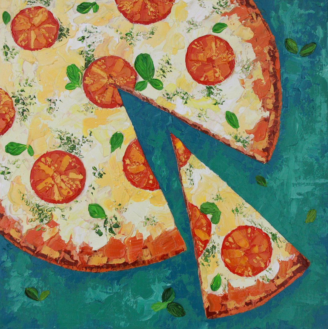 Pizza Painting Food Original Art Impasto Artwork Kitchen Wall Art  Oil Canvas - 海报/装饰画/版画 - 其他材质 绿色