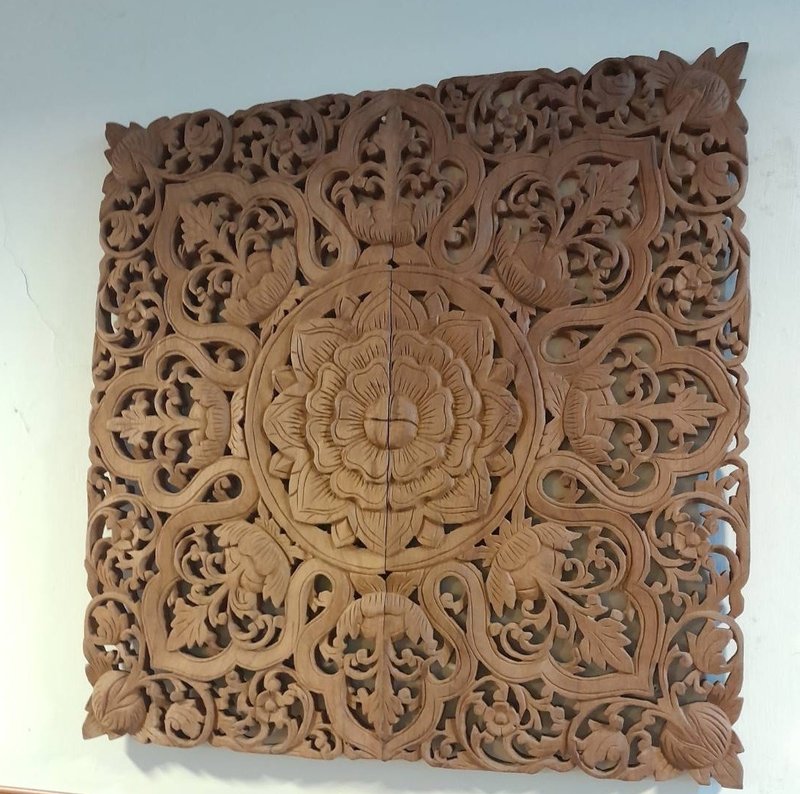 方形柚木拼贴雕刻品(60x60CM) - 摆饰 - 木头 