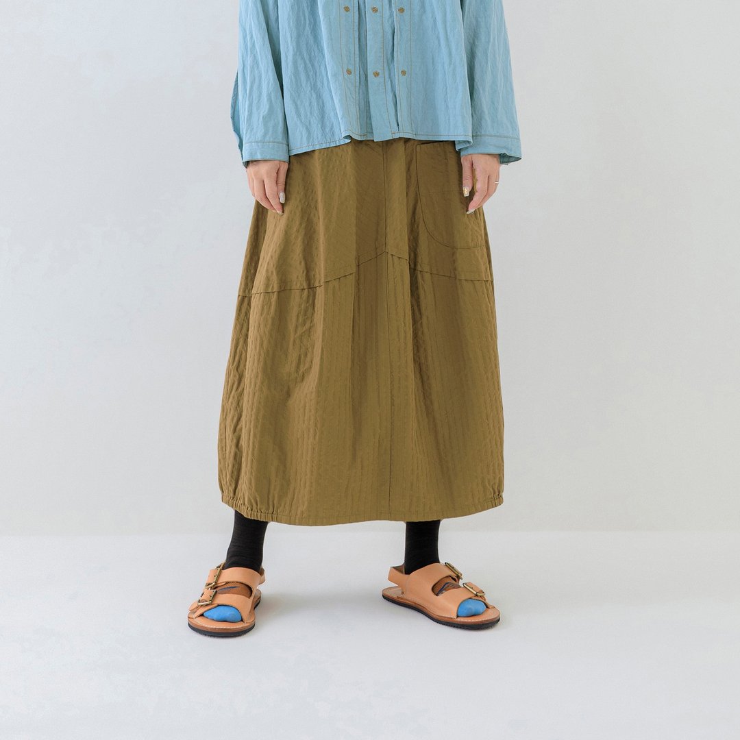 隐匿暗条纹松紧休闲裙 - 裙子 - 棉 卡其色