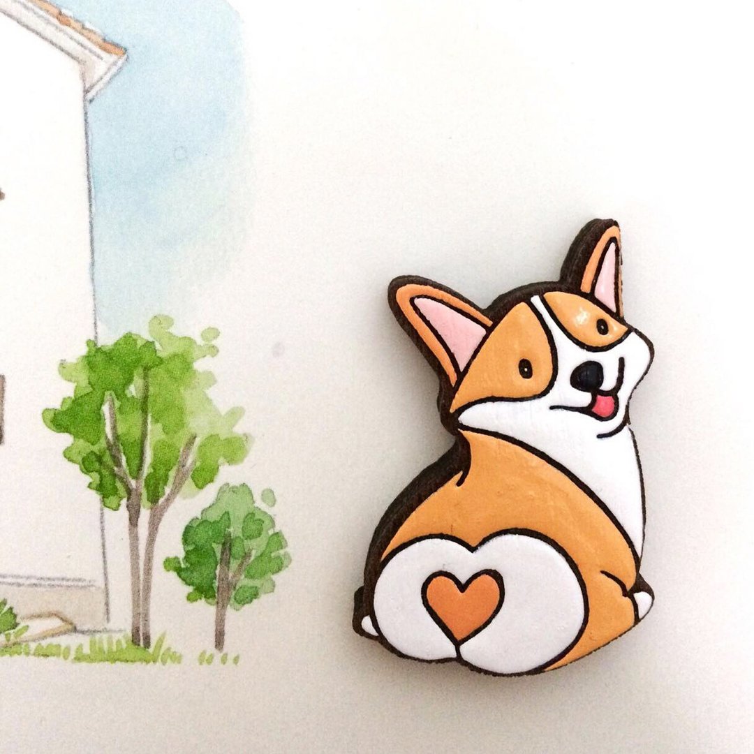 Wooden brooch welsh corgi - 胸针 - 木头 橘色