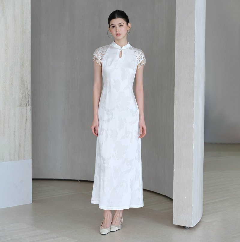 【鹤羽白】新中式复古中国风 剪花流苏/缎面提花连衣裙 - 洋装/连衣裙 - 其他材质 白色