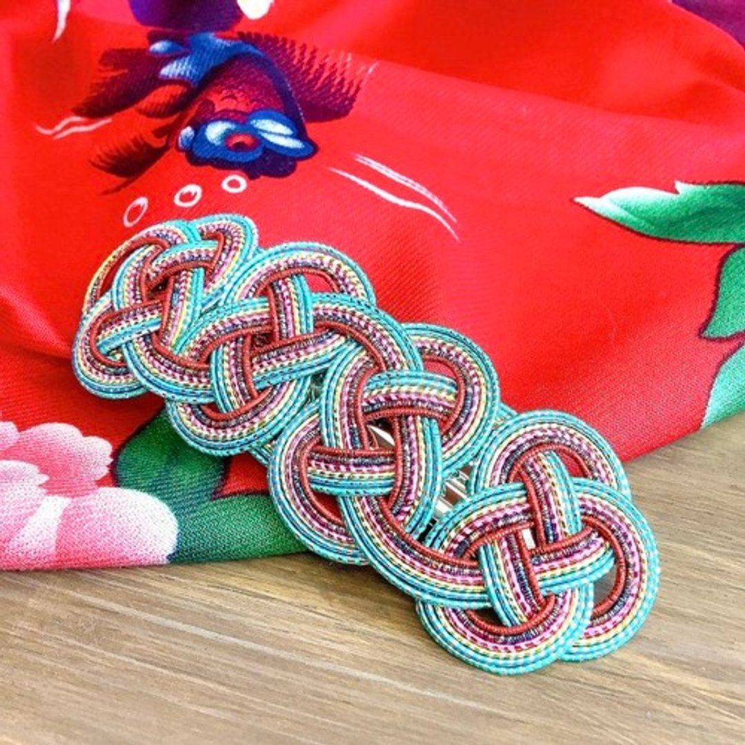 水引发夹【客家花布】缤纷 闪耀 蓝绿色 - 发饰 - 其他金属 多色