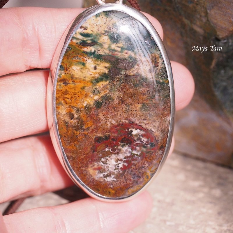 大颗 苔藓玛瑙 庭园水晶 多色 手工纯银坠子 Large moss agate - 长链 - 水晶 绿色