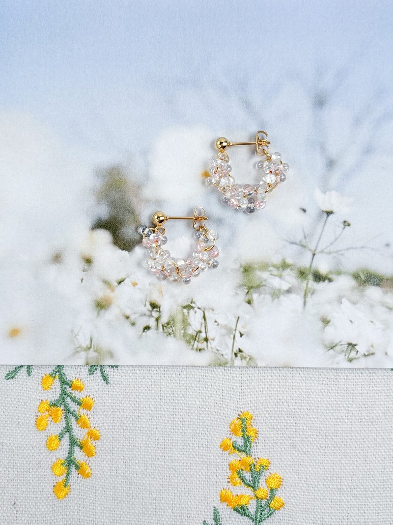 日式串珠-晨露-淡粉-绕耳垂耳环 - 耳环/耳夹 - 玻璃 粉红色