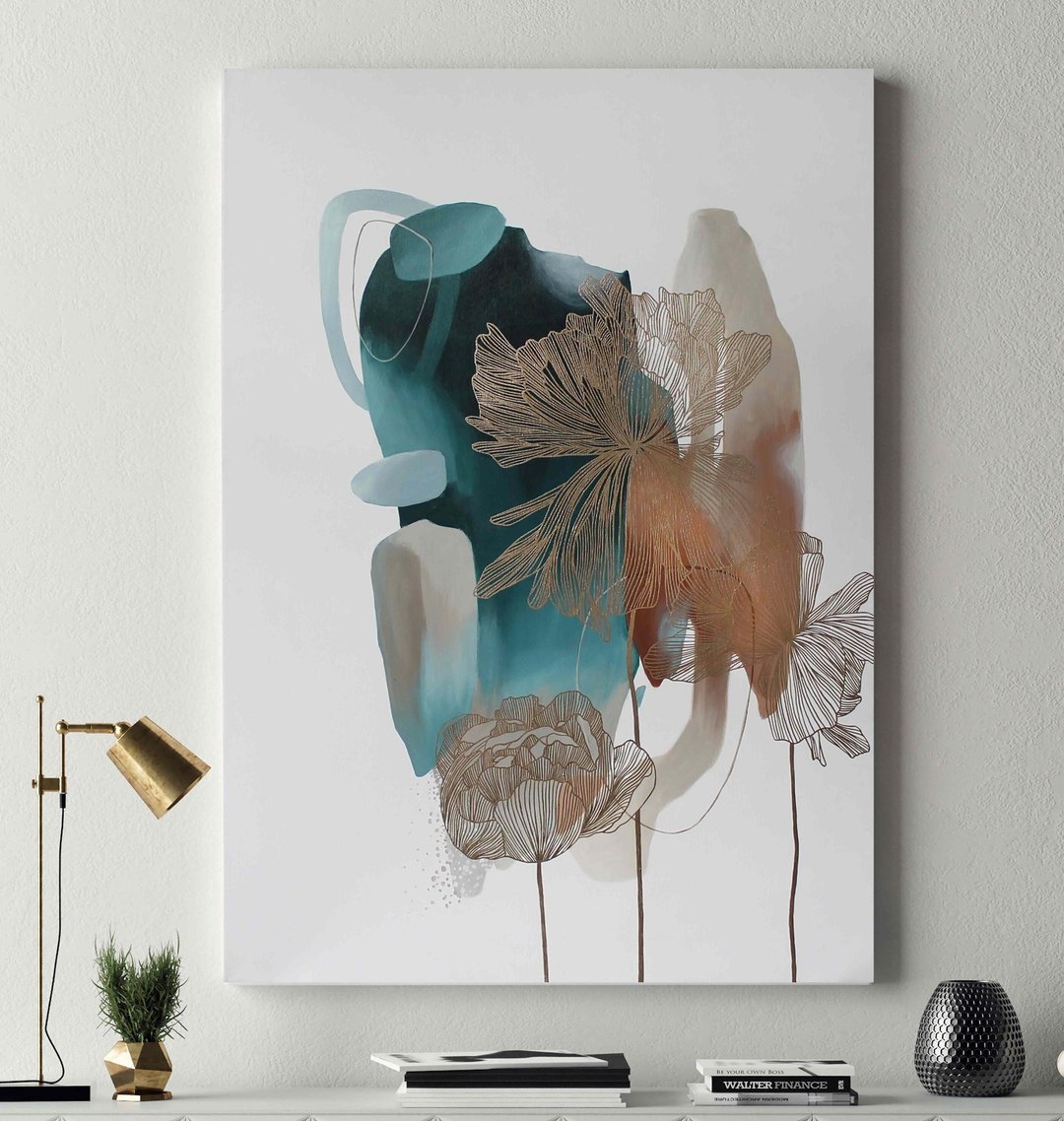 金蓝花卉画作 | 抽象花蓝金墙饰 | Thincord 2 - 墙贴/壁贴 - 棉 蓝色