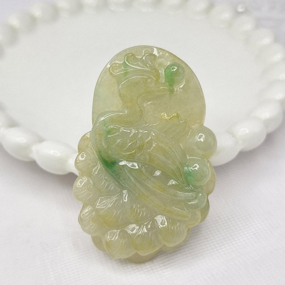 冰润天然黄翡 黄加绿凤凰 吊坠 牌件 | 天然缅甸玉A货翡翠 - 项链 - 玉石 