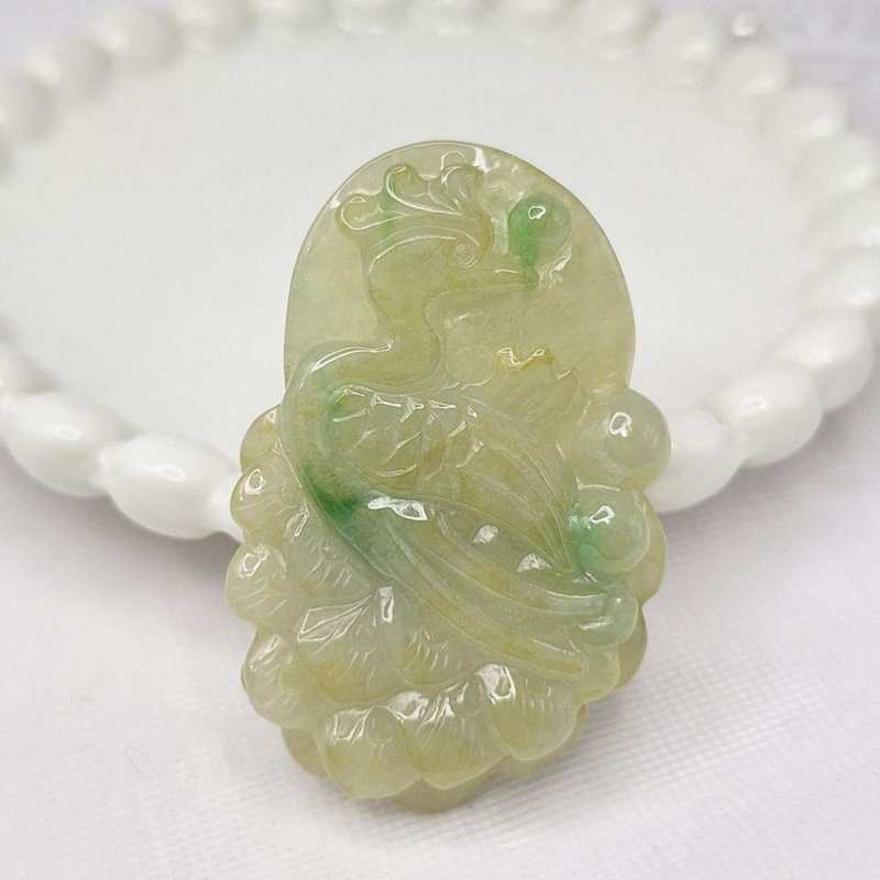冰润天然黄翡 黄加绿凤凰 吊坠 牌件 | 天然缅甸玉A货翡翠 - 项链 - 玉石 