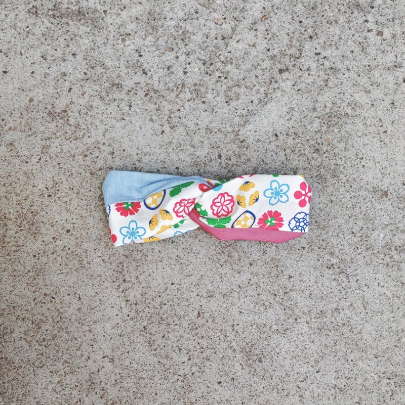 小牛村 弹性发带 拼接 日系 粉蓝 / 日式花图腾 - 发饰 - 棉．麻 白色