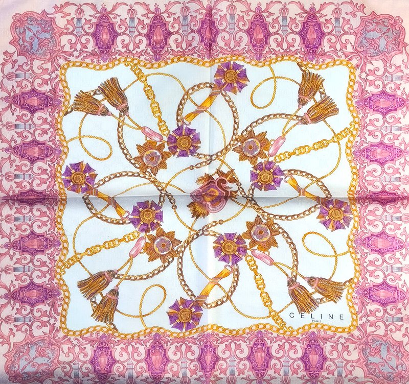 复古CELINE Paris 手帕 - 巴洛克链条与流苏 22 x 22 英寸 - 手帕/方巾 - 棉．麻 粉红色