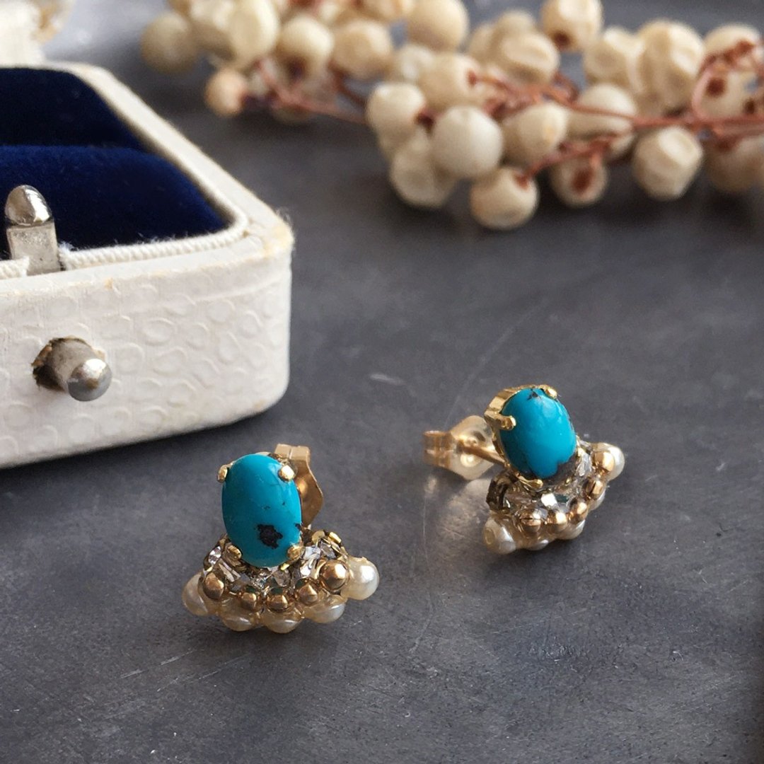 14kgf Natural Turquoise and Vintage Swarovski Mermaid Tears Bijoux Earrings OR Painless Brass Ear Clips - 耳环/耳夹 - 宝石 蓝色