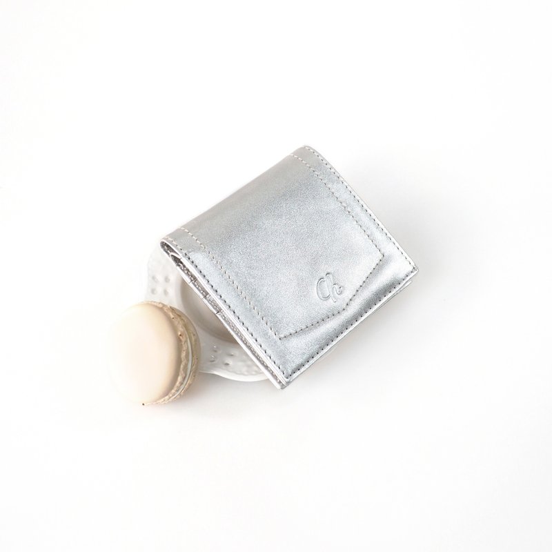 Hannah (Silver) : Small leather short wallet, folded wallet, Slim, Silver - 皮夹/钱包 - 真皮 银色