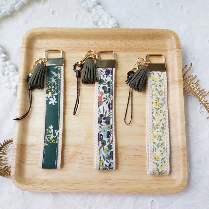 墨绿色系花布流苏手机防摔手腕带 - 挂绳/吊绳 - 棉．麻 绿色