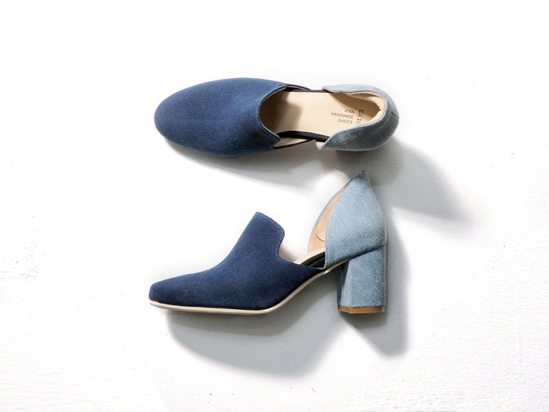 爱花乐福(高跟)-Jeans 【全新样品38#】 - 高跟鞋 - 棉．麻 蓝色