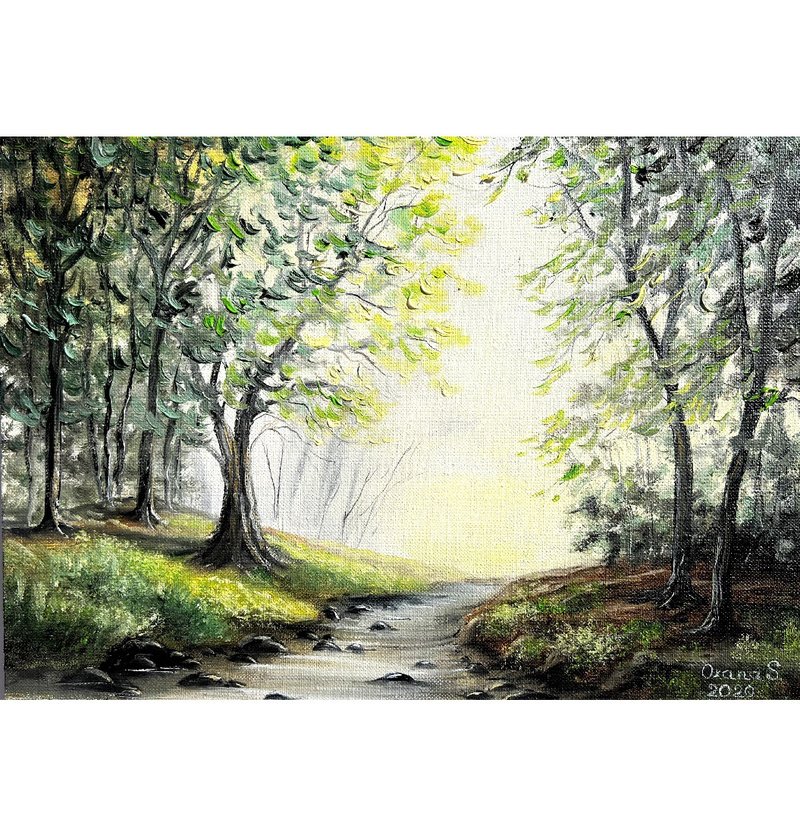 Trees Painting Stream Original Art Forest Artwork 25x35/ 10x14 inch by AnaskoArt - 海报/装饰画/版画 - 棉．麻 多色