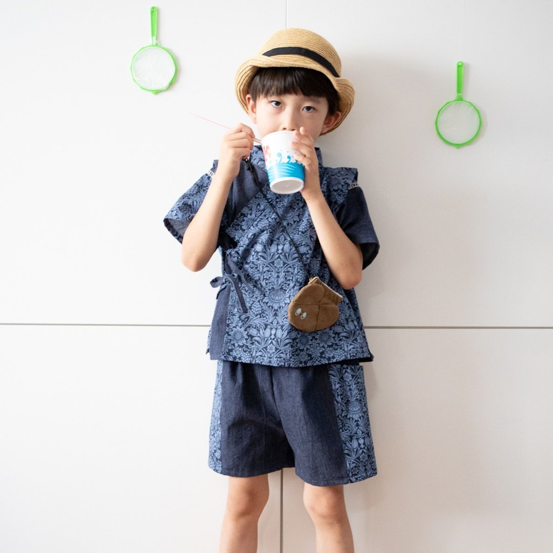 William Morris 儿童甚平和 Easy Children 冈山仓敷牛仔布制成的甚平 日本 2024 年夏季 夏季祭品 2024 - 童装礼服/连衣裙 - 棉 蓝色
