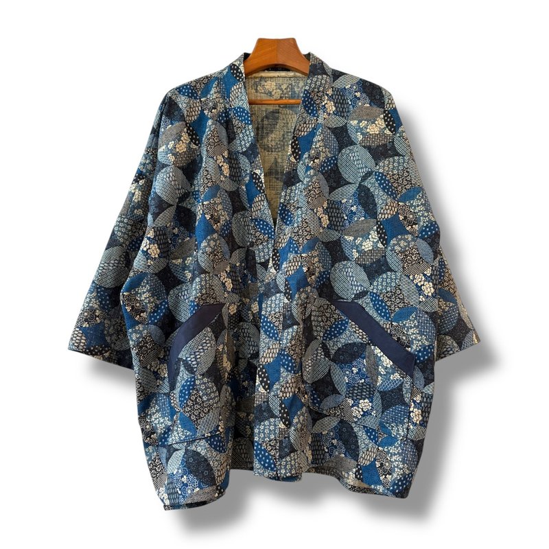 Kimono Style Outer With Three Quarter Sleeves - 男装外套 - 棉．麻 蓝色