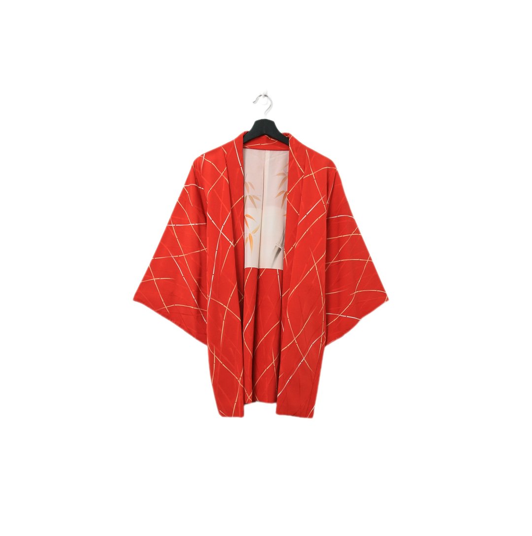 Back to Green-日本带回羽织 橘红 白线条 kb-87/vintage kimono - 女装休闲/机能外套 - 丝．绢 