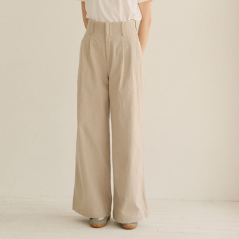 米色 脖子以下下全是腿 踩线腰带高腰超超超长亚麻混纺阔腿宽长裤 - 女装长裤 - 棉．麻 卡其色