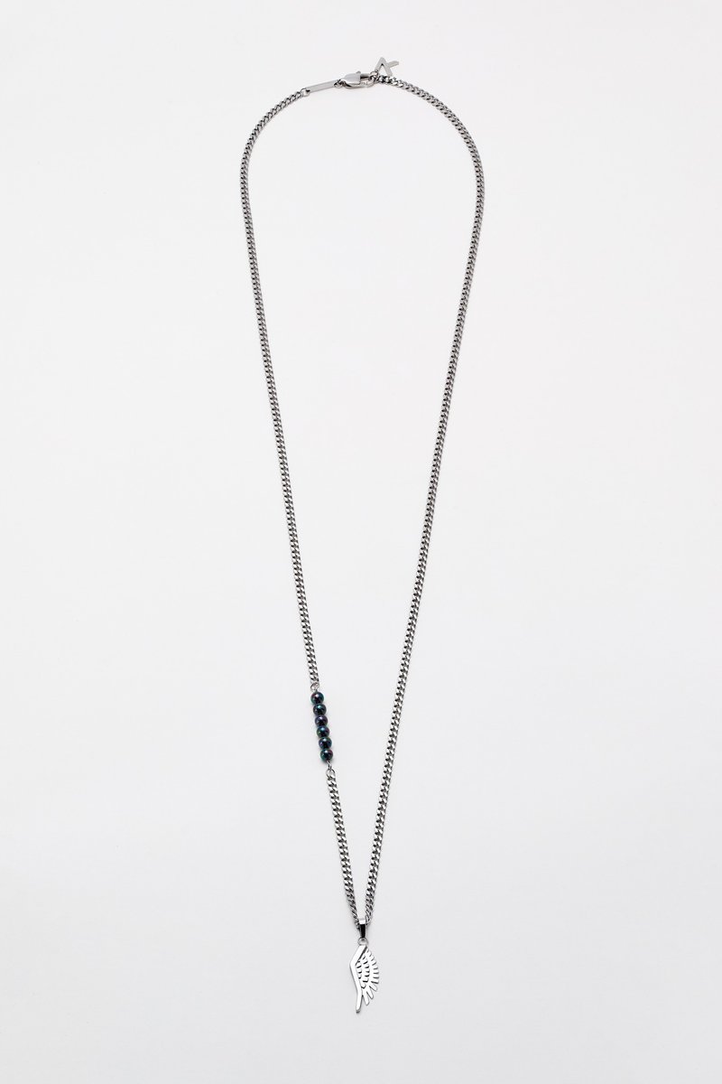 Robot Wing Necklace Silver & Black Pearl (760mm) 颈链 - 项链 - 不锈钢 