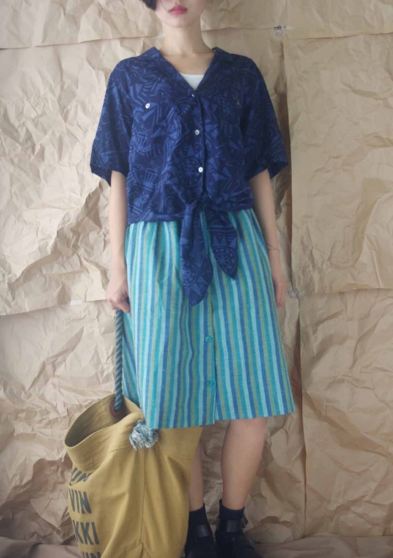 寻宝古着-复古绿直纹排扣棉麻群 - 裙子 - 棉．麻 绿色