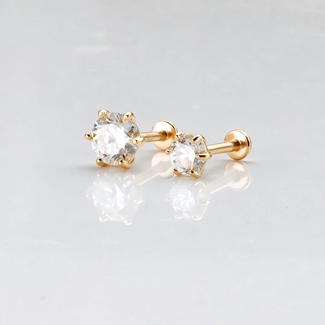 14K 六爪镶钻石锁珠耳环 (0.50 ct) (0.20 ct) (前锁 平底 圆饼) - 耳环/耳夹 - 贵金属 金色